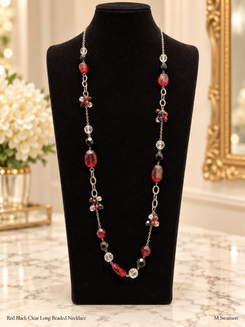 Red Black Clear Beaded Long Necklace Silver Tone 39.5” Convertible Layered